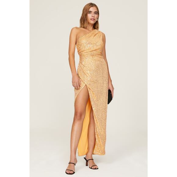 ALEXIA ADMOR Gold Mesh Sequin One-Shoulder Ruching Side Slit Gown Size 6 - Picture 1 of 16